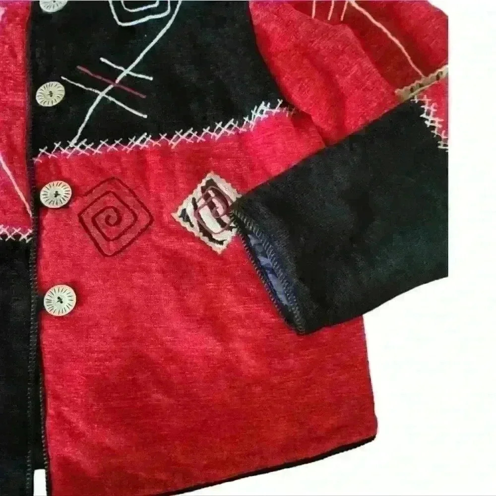Alex Kim Vintage Rayon Lined Carved Button Colorblock Embroidered Patch Jacket. - Picture 2 of 6
